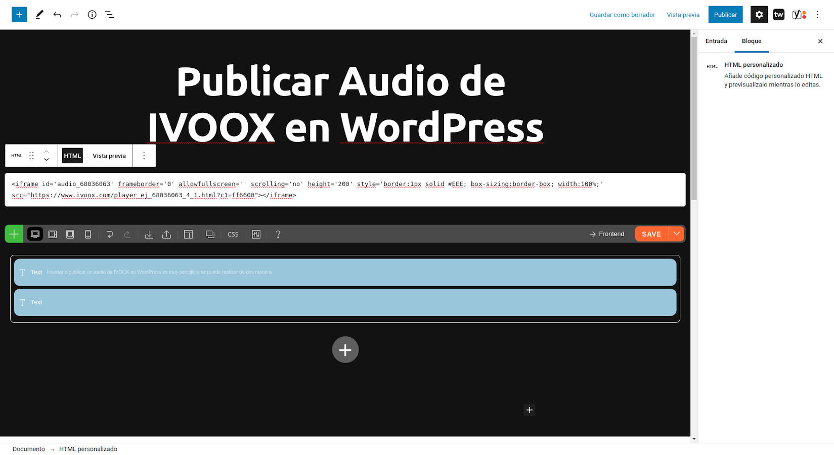 Insertar Audio de IVOOX en WordPress - Pegar código