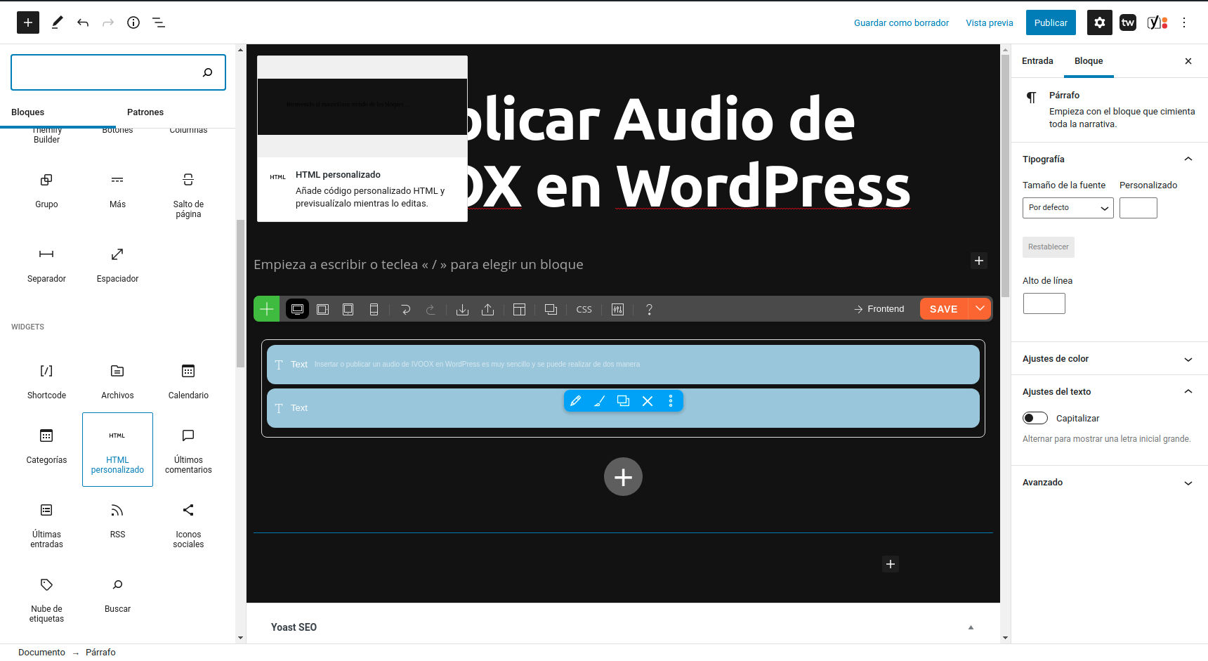 Insertar Audio de IVOOX en WordPress - Seleccionar bloque HTML en WordPress